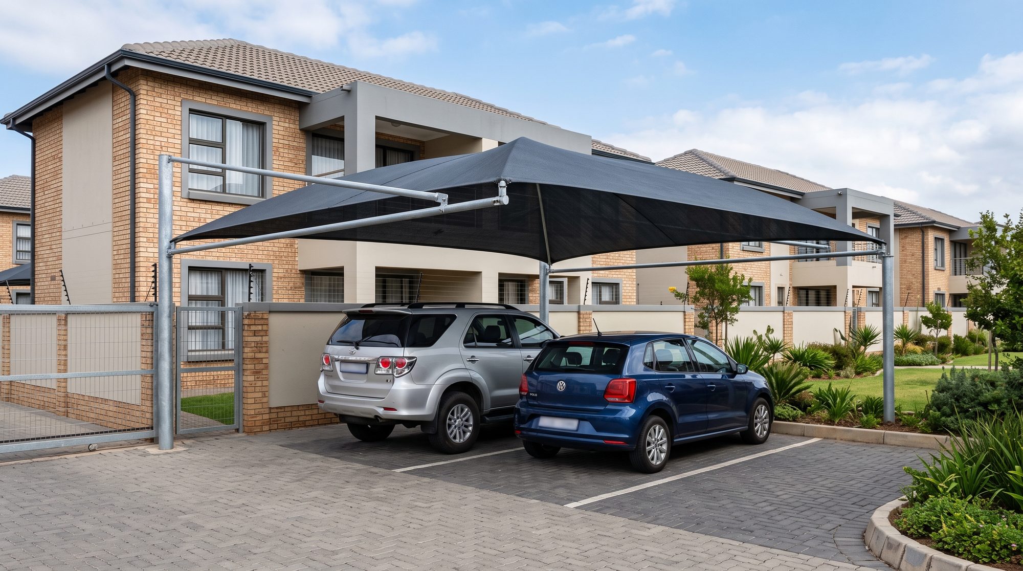 Double charcoal shade-net shadeport over two parking bays in a townhouse complex