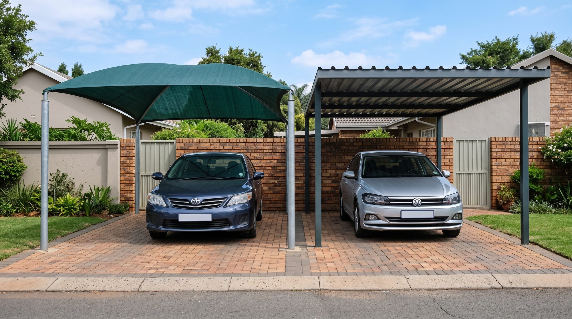Green shade-net shadeport beside a solid-roof carport with corrugated sheeting